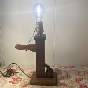 Vintage Wooden Well Pump Table Lamp with Pull Chain Working Order